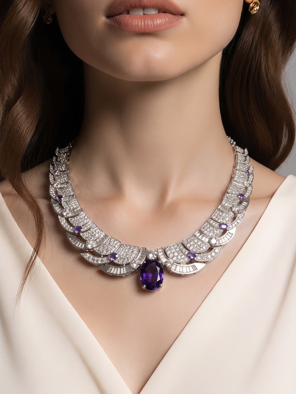 Elegant Silver tone Necklace set with Purple Gemstone Centerpiece